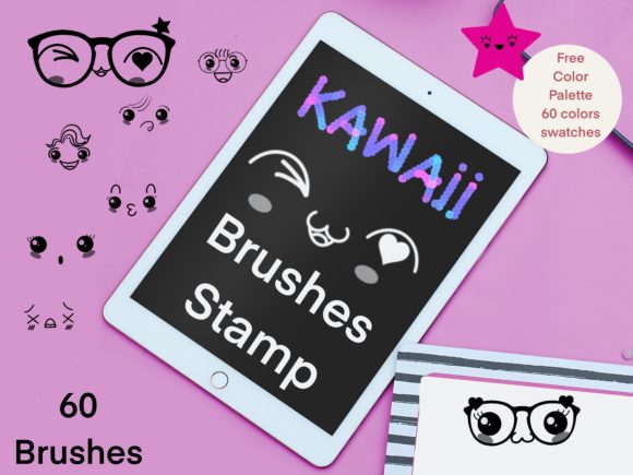 60 Kawaii Face Brushes for Procreate: Instant Character