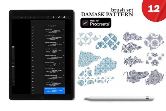 Elevate Your Art with 12 Damask Pattern Brushes Mediterranean